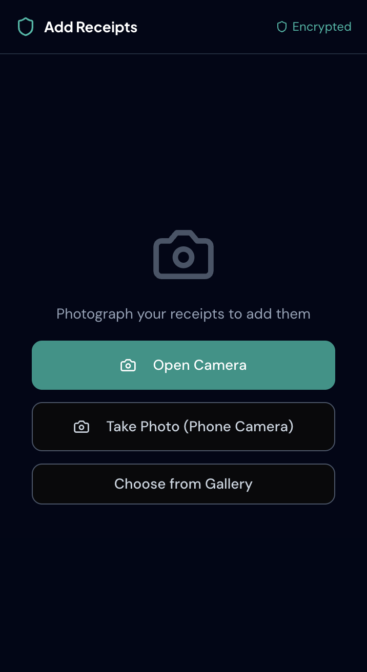 Phone screen showing Add Receipts with Open Camera, Take Photo and Choose from Gallery options