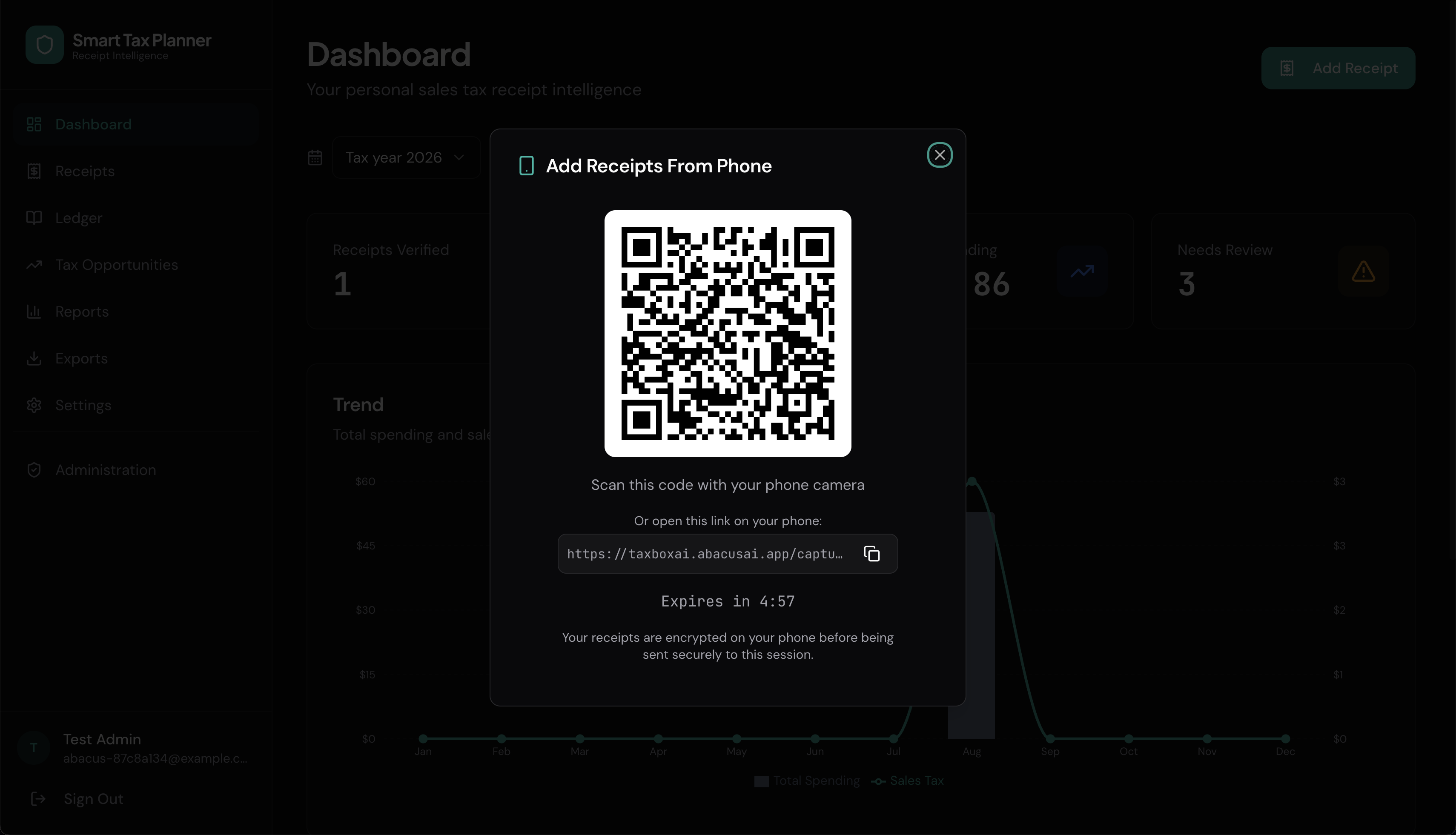 Dashboard with an Add Receipts From Phone dialog showing a QR code and secure link