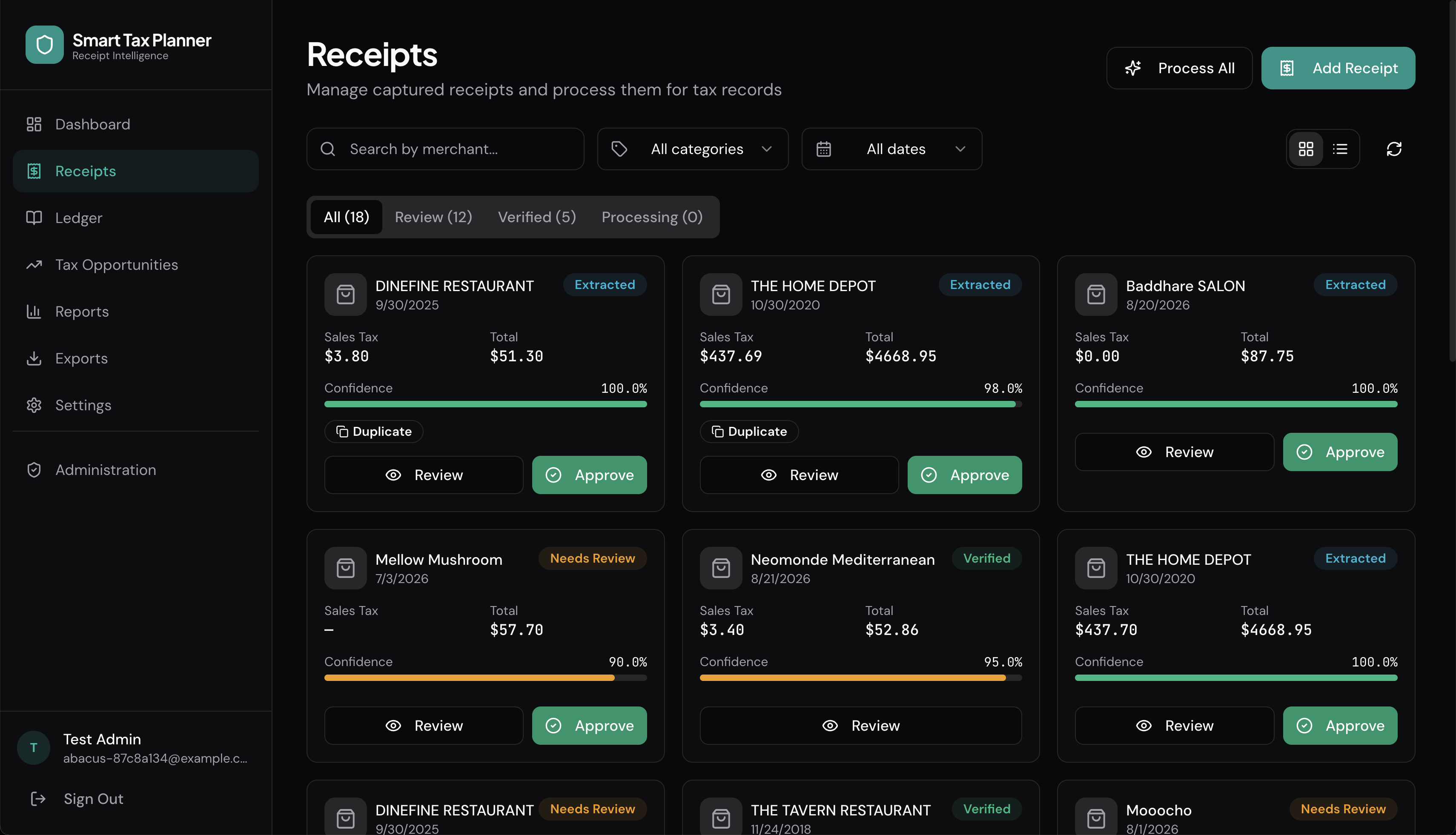 Smart Tax Planner receipts workspace showing extracted merchant, sales tax and total for each receipt with confidence scores